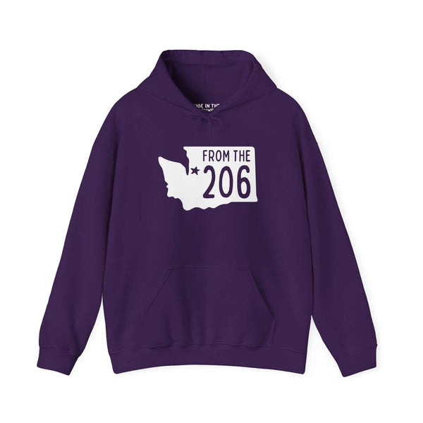 Purple From the 206 hoodie featuring Washington state outline and star marking Seattle.