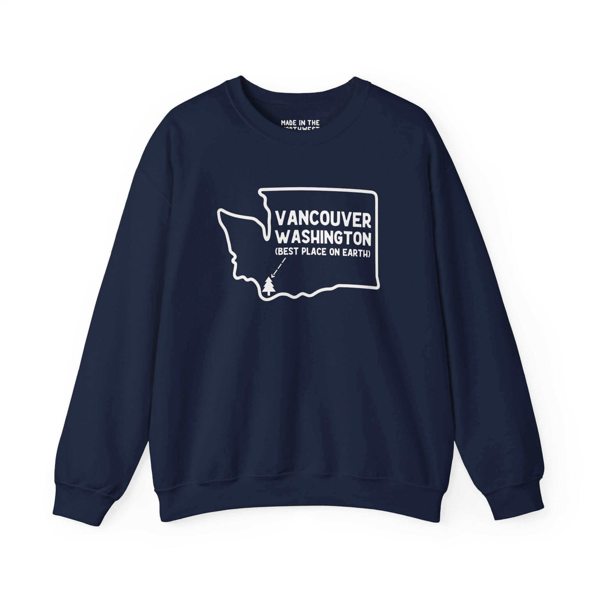 Vancouver Washington sweatshirt with state outline and tree icon, celebrating Pacific Northwest pride.