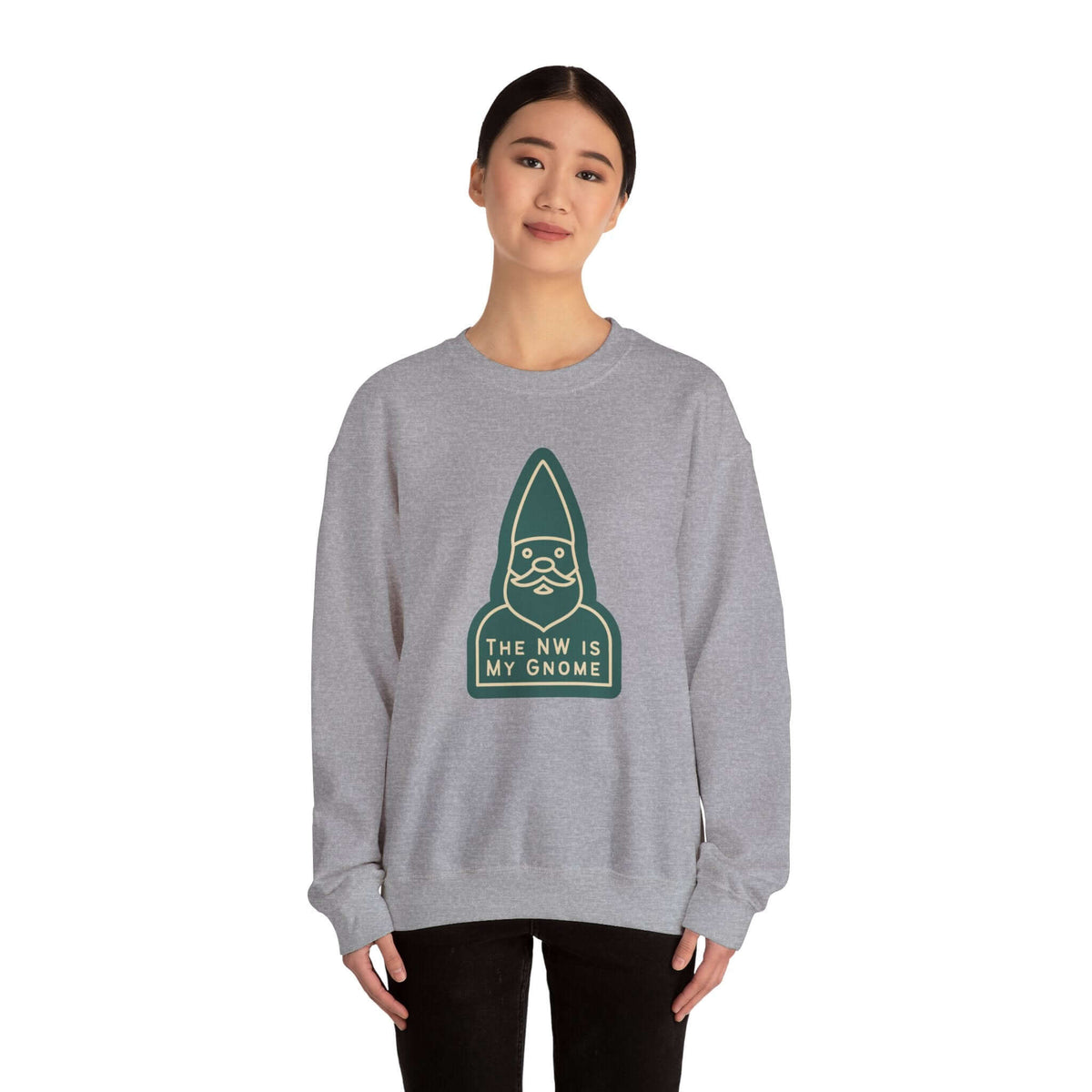 Cozy gray sweatshirt featuring gnome design with text 'The NW Is My Gnome' perfect for Northwest lovers.