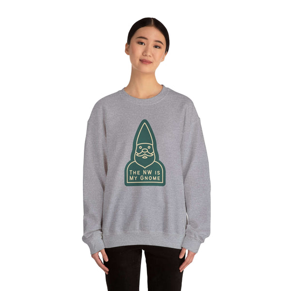 Cozy gray sweatshirt featuring gnome design with text 'The NW Is My Gnome' perfect for Northwest lovers.