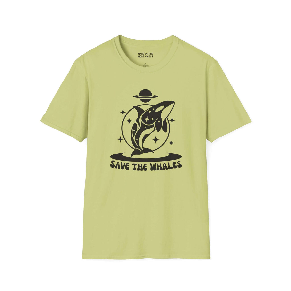Save the Whales Orca Softstyle T-Shirt in lime green with a mystical orca graphic, promoting marine life awareness.