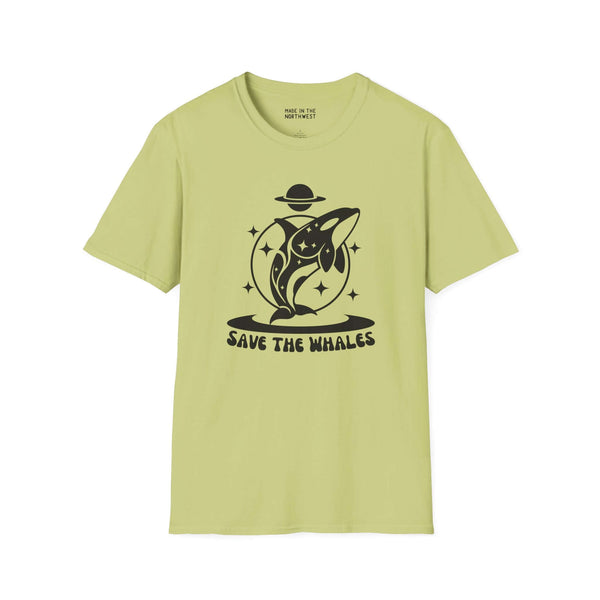 Save the Whales Orca Softstyle T-Shirt in lime green with a mystical orca graphic, promoting marine life awareness.