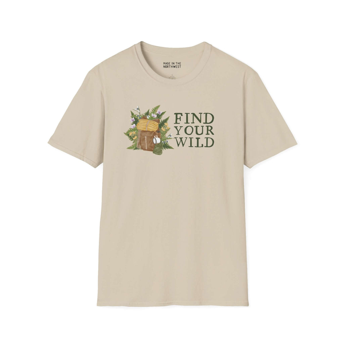 Find Your Wild Softstyle T-Shirt featuring a watercolor backpack and lush ferns, perfect for outdoor adventurers.