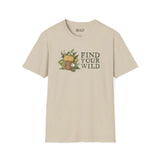 Find Your Wild Softstyle T-Shirt featuring a watercolor backpack and lush ferns, perfect for outdoor adventurers.