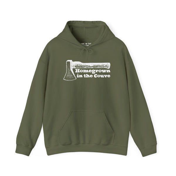 Homegrown in the Couve cozy hoodie with axe graphic, showcasing Vancouver's rustic charm and modern design.