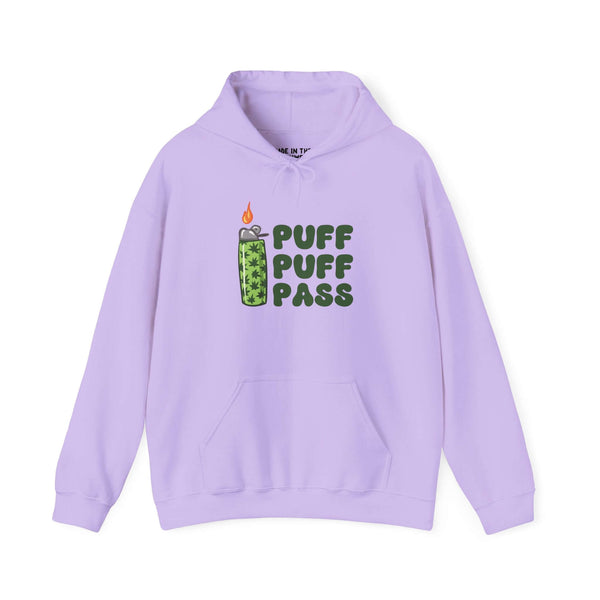 Light purple hooded sweatshirt with 'Puff Puff Pass' design and lighter graphic, perfect for cannabis lovers.