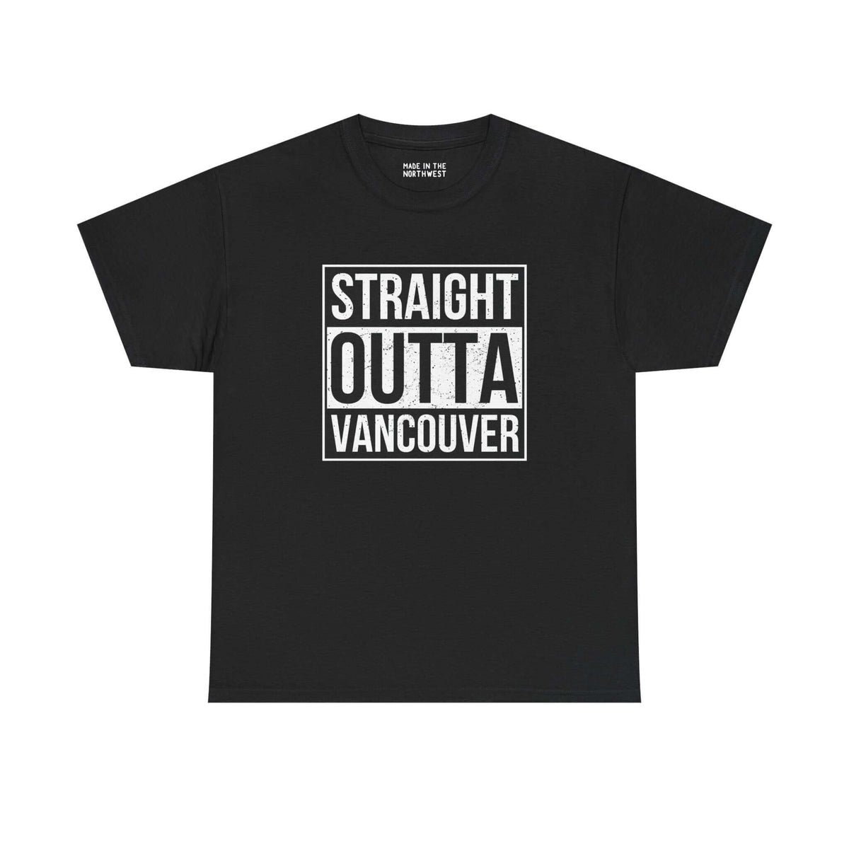 Black athletic tee featuring 'Straight Outta Vancouver' bold text design, perfect for local pride and streetwear style.