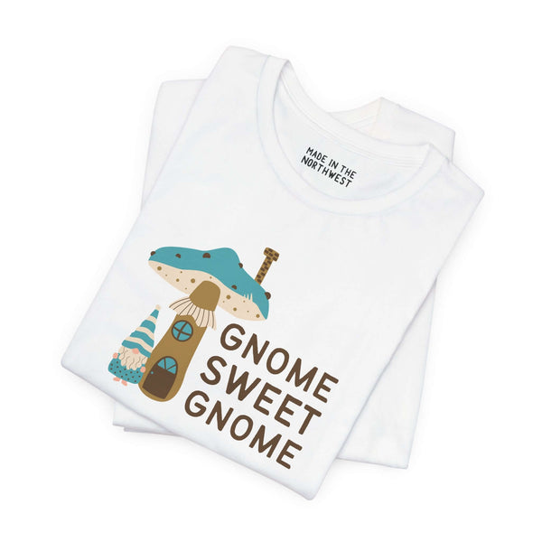 Gnome Sweet Gnome soft tee featuring a gnome and mushroom house design, perfect for gnome lovers in unisex sizing.