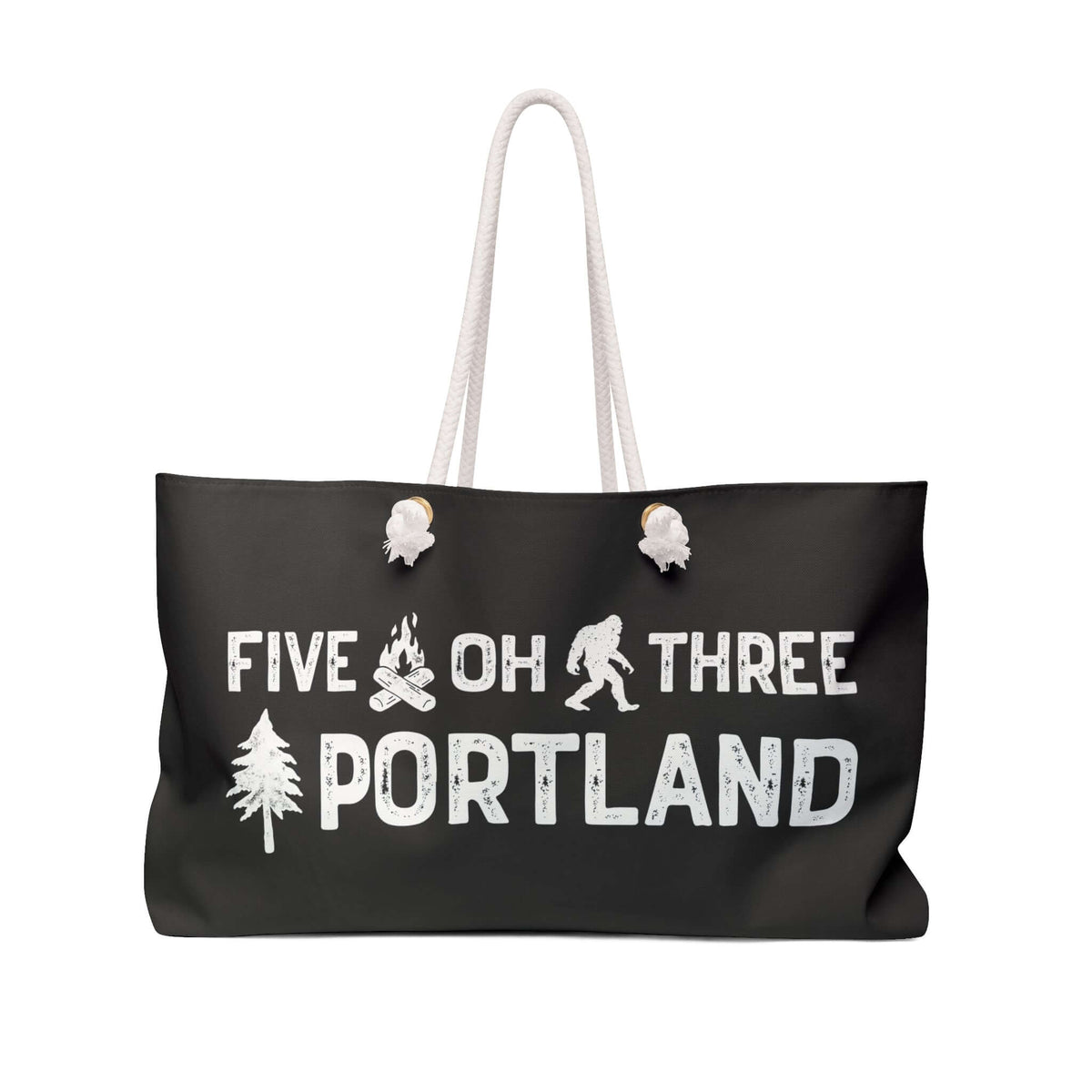Five Oh Three Roots Portland Weekender Bag with axe and tree design, perfect for adventures.