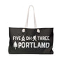 Five Oh Three Roots Portland Weekender Bag with axe and tree design, perfect for adventures.