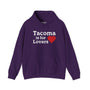 Purple hoodie with "Tacoma is for Lovers" text and red heart, celebrating Tacoma pride and its scenic beauty.