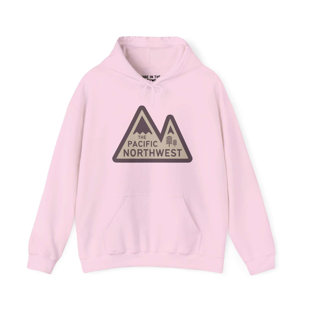 Pacific Northwest Heights Mountain Hoodie in pink, featuring bold text and mountain design, perfect for outdoor enthusiasts.