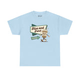 Rise and Grind E'eryday Coffee Athletic Tee in light blue with playful coffee cup design.