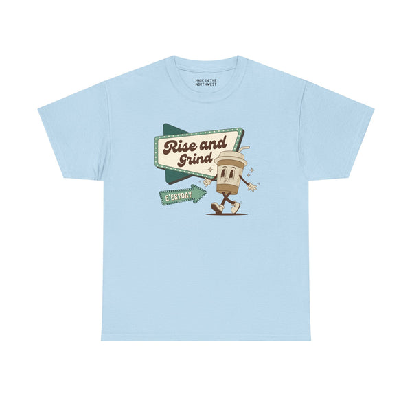 Rise and Grind E'eryday Coffee Athletic Tee in light blue with playful coffee cup design.