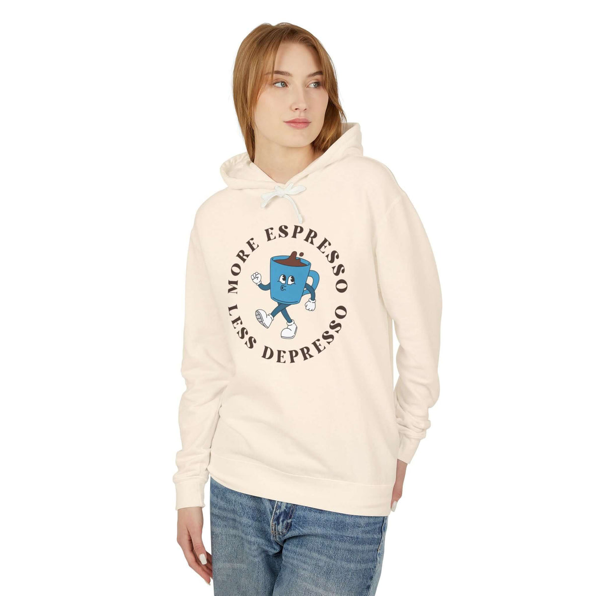 More Espresso Less Depresso hoodie worn by a woman with a cozy coffee lover design.