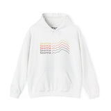 Seattle Minimalist Mountain hoodie in white featuring stylish stacked mountain design and 'Seattle' text.