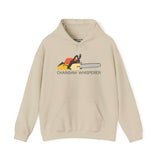 Chainsaw Whisperer Hoodie featuring a chainsaw graphic on a beige background.