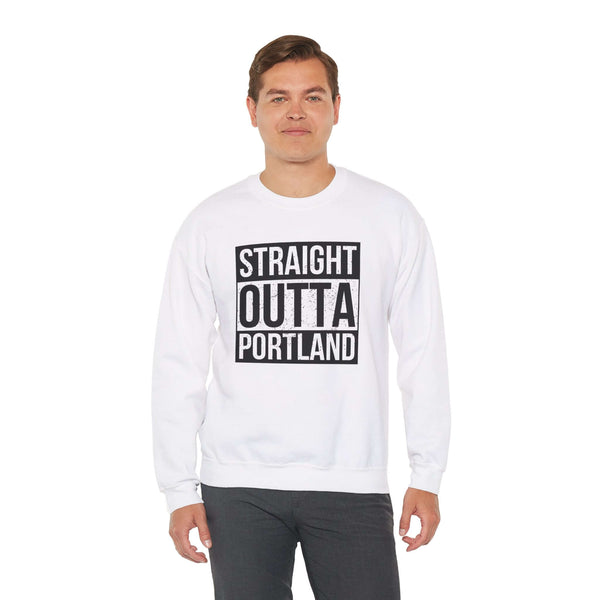 Model wearing a white sweatshirt with 'Straight Outta Portland' graphic, showcasing local pride and streetwear style.