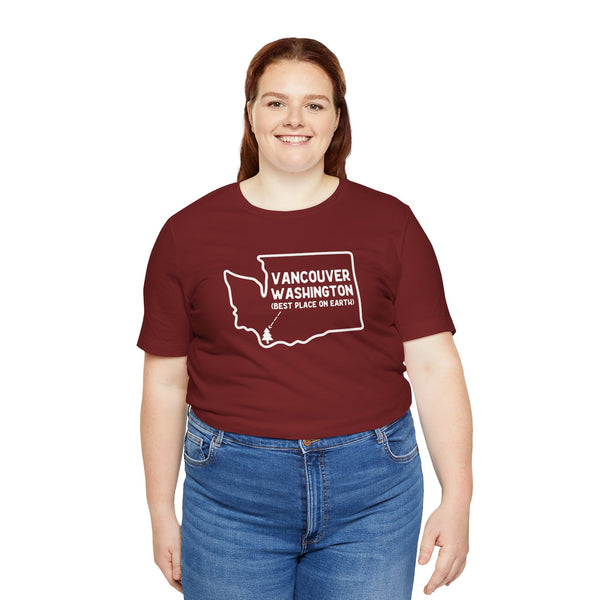 Woman wearing a maroon Vancouver Washington Best Place on Earth tee featuring a state outline design.