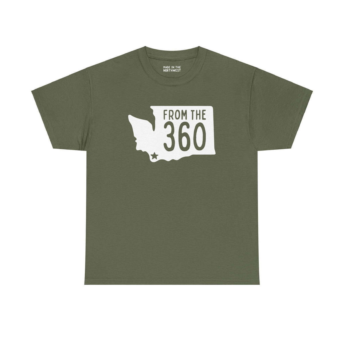 Olive green "From the 360" tee with Washington state silhouette and Vancouver star, showcasing local pride and area code.