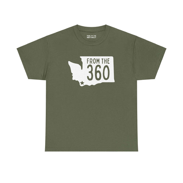 Olive green "From the 360" tee with Washington state silhouette and Vancouver star, showcasing local pride and area code.