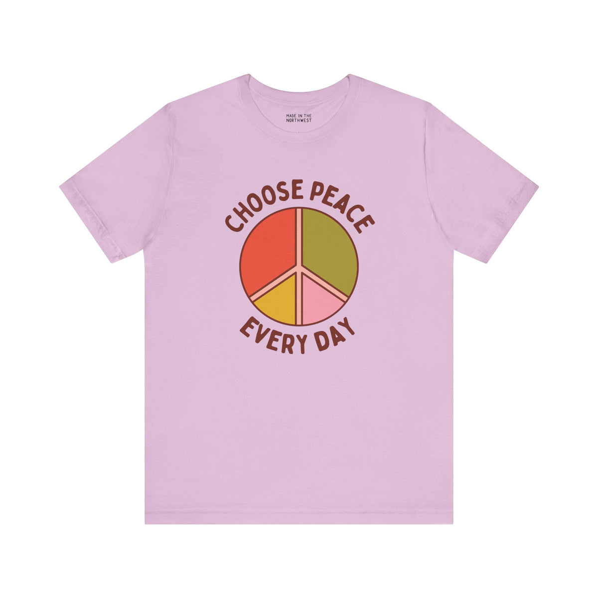 Choose Peace Every Day premium soft tee in light pink with colorful peace symbol design.
