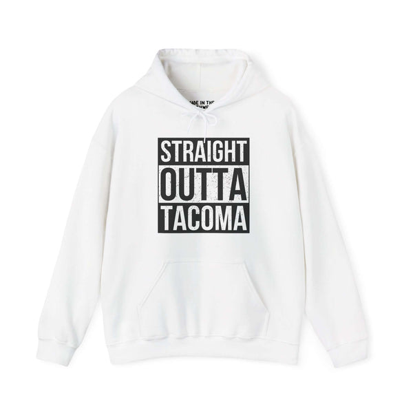 White "Straight Outta Tacoma" hoodie with bold black text, showcasing city pride and streetwear style.