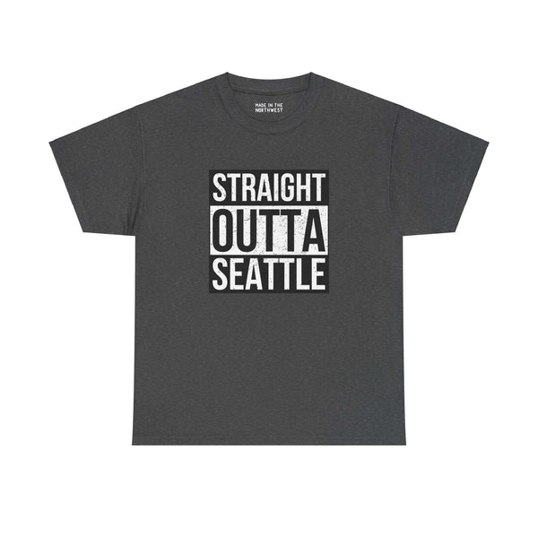 Straight Outta Seattle athletic tee with bold white text on a dark gray shirt, showcasing city pride and streetwear style.