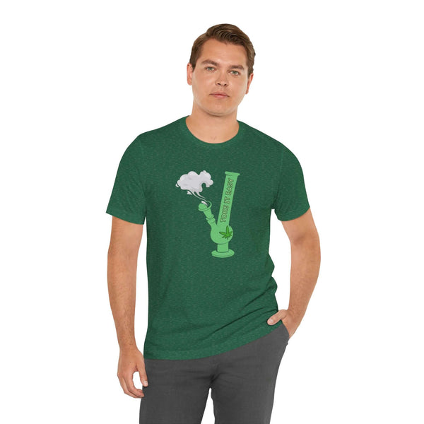 Man wearing Toke It Easy Cannabis Lovers Premium Soft Tee with green bong graphic and marijuana leaf.