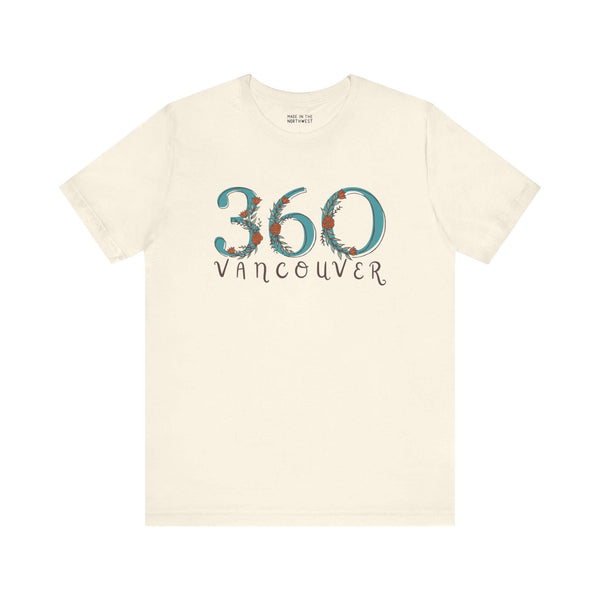 Pacific Northwest 360 Floral Area Code Soft Tee for women, featuring a nature-inspired design with Vancouver text on a comfortable cream shirt.