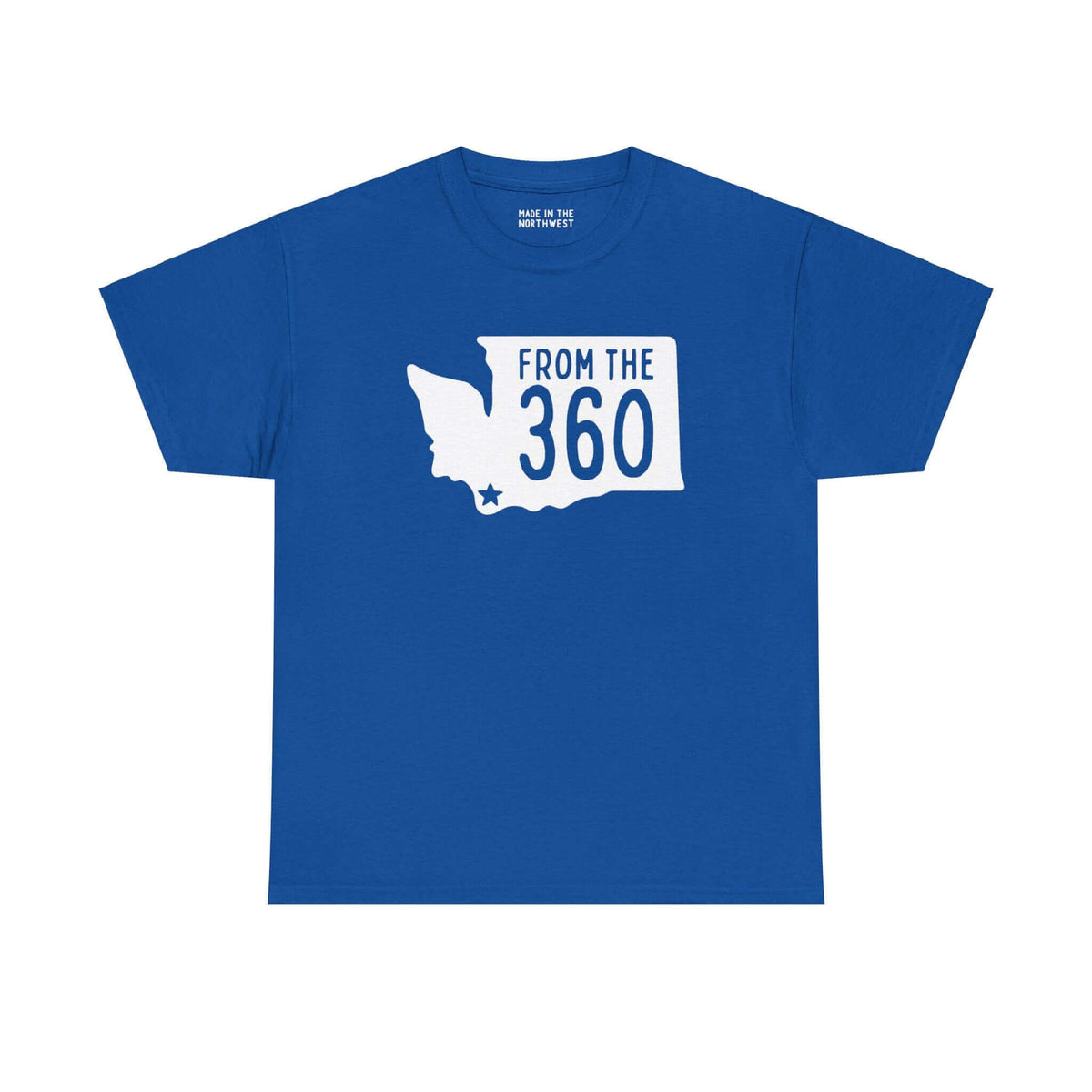 Blue "From the 360" tee with Washington state silhouette and star marking Vancouver, representing area code pride.