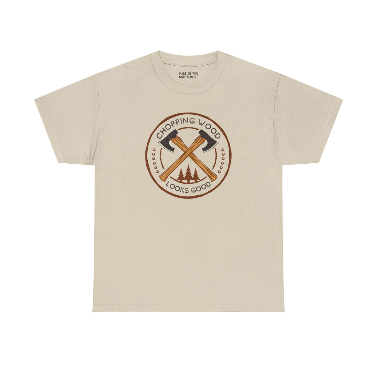 Chopping Wood Looks Good athletic tee featuring crossed axes and trees design on a light beige shirt.