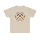 Chopping Wood Looks Good athletic tee featuring crossed axes and trees design on a light beige shirt.