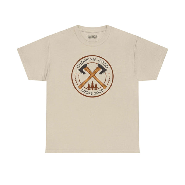 Chopping Wood Looks Good athletic tee featuring crossed axes and trees design on a light beige shirt.
