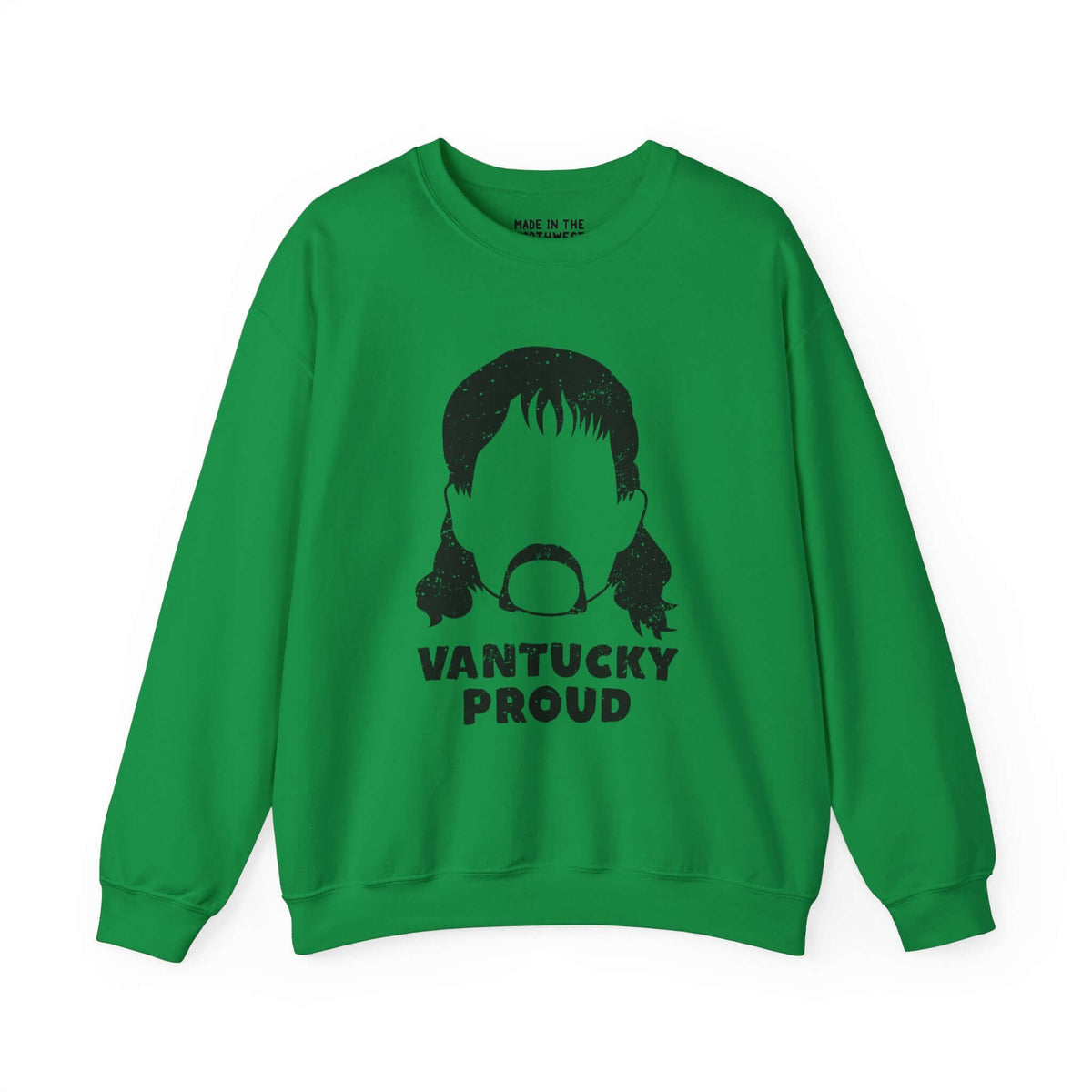 Green "Vantucky Proud" sweatshirt with silhouette of Rusty McCoy, symbolizing resilience and pride in Vantucky spirit.