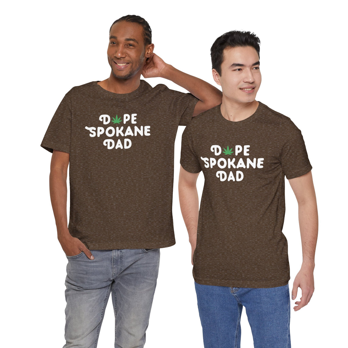 Two men wearing Dope Spokane Dad premium soft tees with a marijuana leaf in the design, perfect for cool dads.