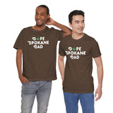 Two men wearing Dope Spokane Dad premium soft tees with a marijuana leaf in the design, perfect for cool dads.