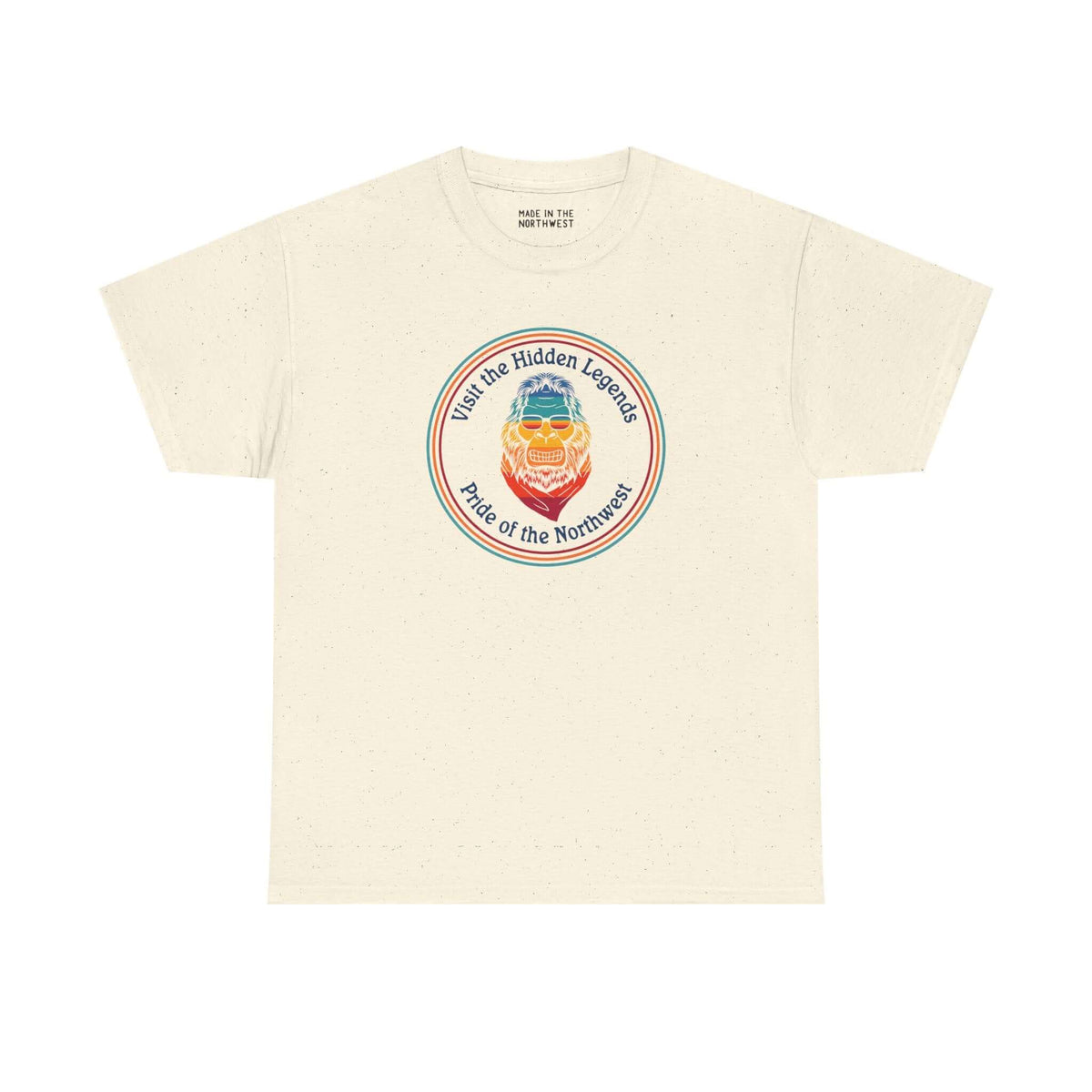 Hidden Legends Pride of the Northwest athletic tee featuring a colorful Bigfoot graphic, perfect for local pride.