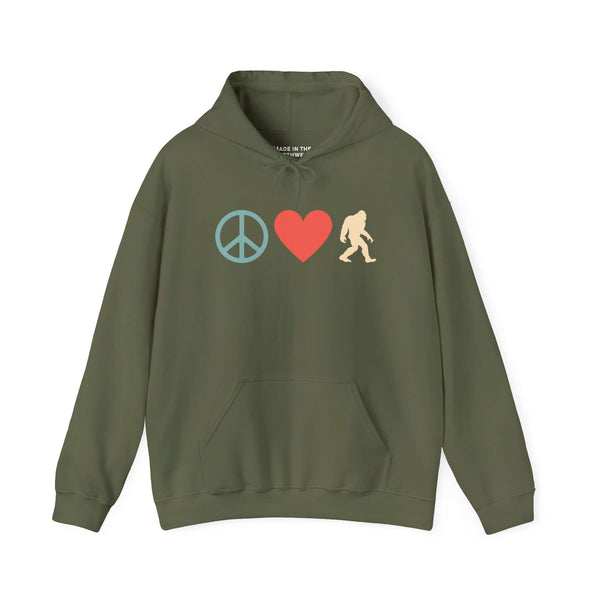 Peace, Love, and Bigfoot Cozy Hoodie featuring playful design with peace sign, heart, and Bigfoot silhouette.