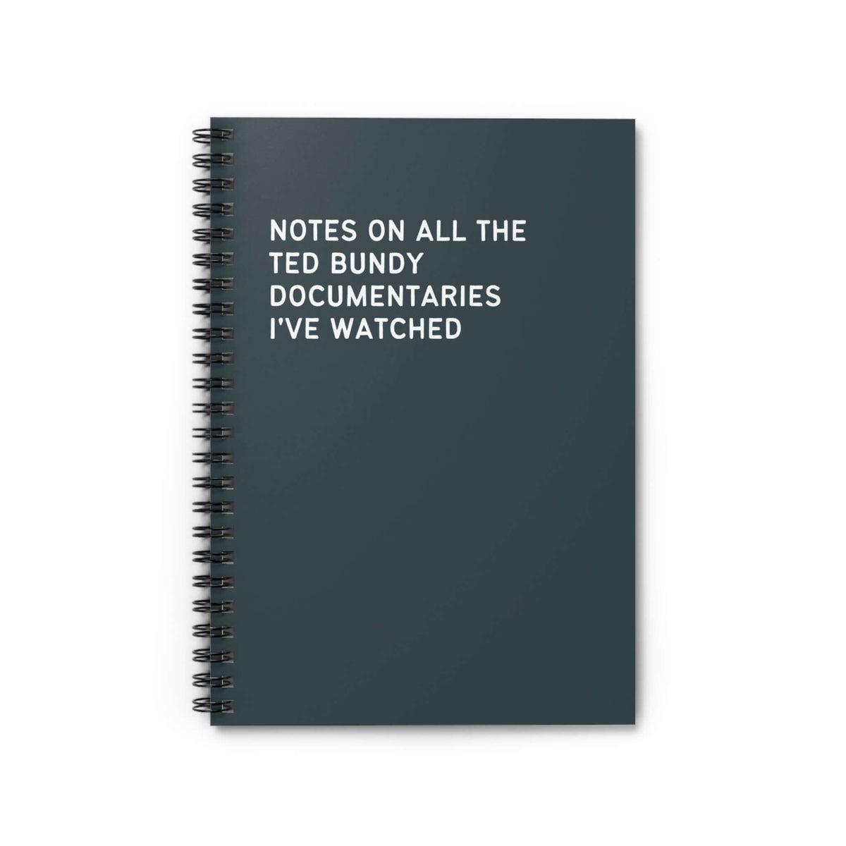 Spiral notebook for tracking notes on Ted Bundy documentaries watched, perfect for true crime enthusiasts.