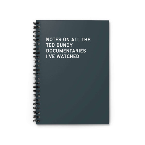 Spiral notebook for tracking notes on Ted Bundy documentaries watched, perfect for true crime enthusiasts.