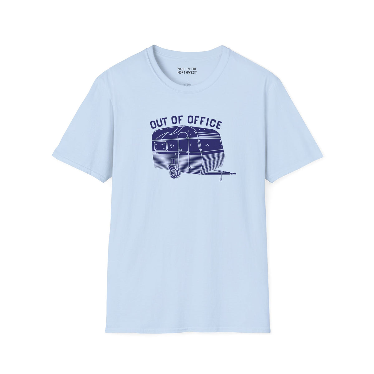 Out of Office Camper Softstyle T-Shirt in light blue featuring a retro travel trailer design, perfect for adventurers.