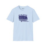 Out of Office Camper Softstyle T-Shirt in light blue featuring a retro travel trailer design, perfect for adventurers.