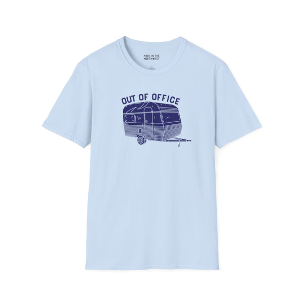 Out of Office Camper Softstyle T-Shirt in light blue featuring a retro travel trailer design, perfect for adventurers.