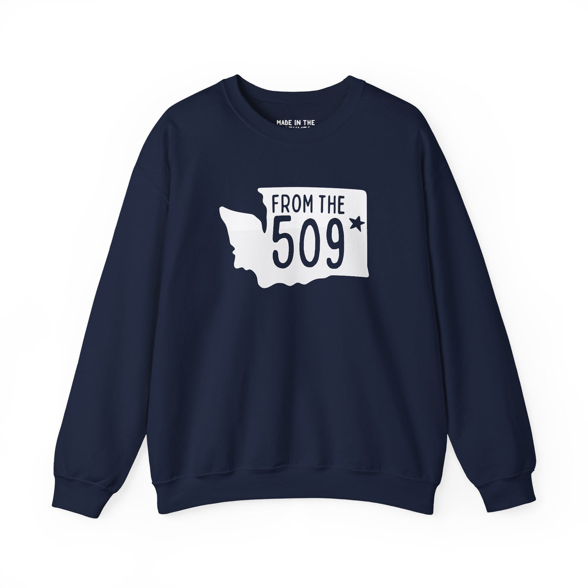Navy sweatshirt with 'From the 509' text and Washington state silhouette marking Spokane.