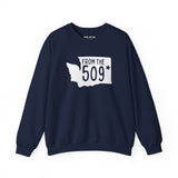 Navy sweatshirt with 'From the 509' text and Washington state silhouette marking Spokane.