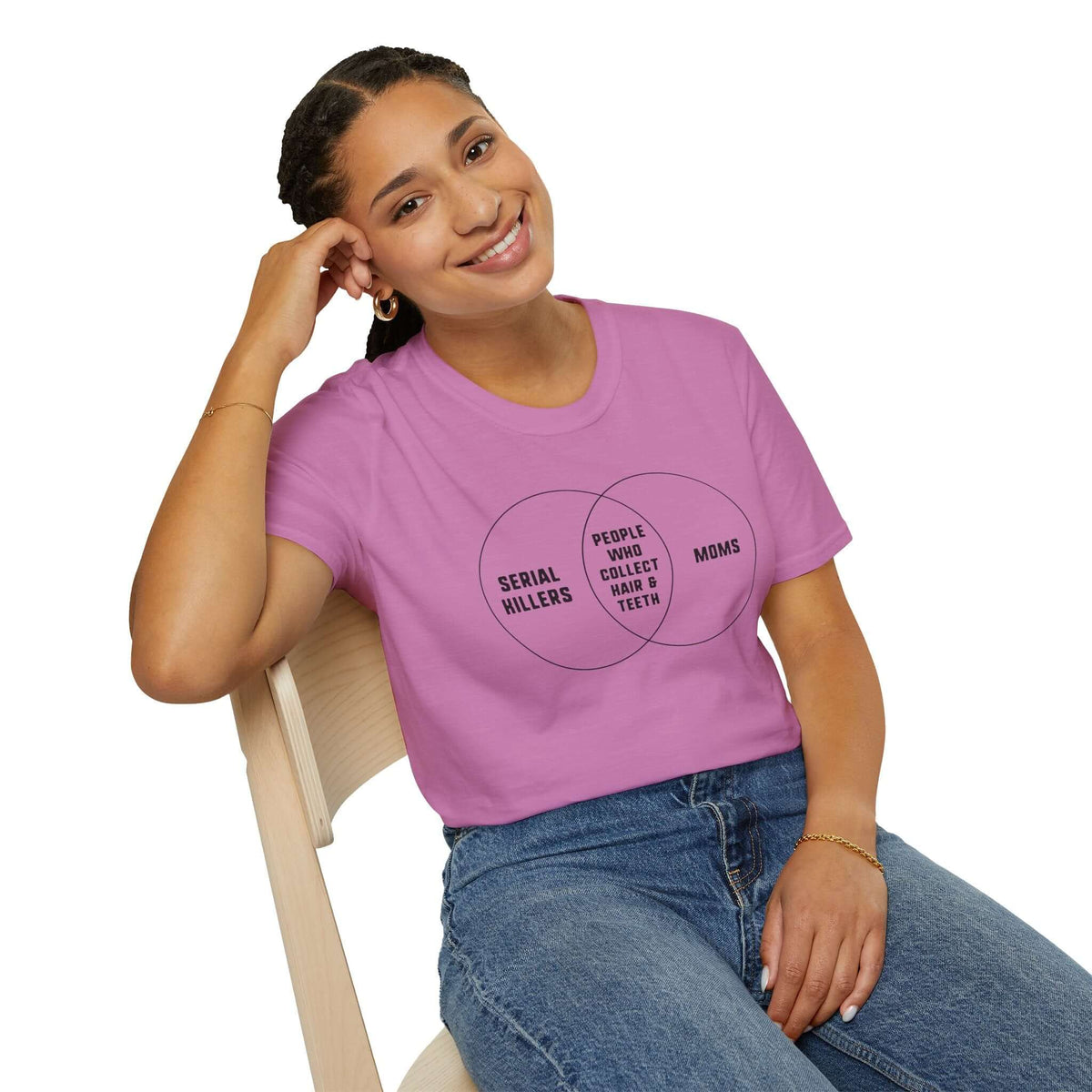 Woman wearing Serial Killers + Moms Venn Diagram Softstyle T-Shirt, highlighting humor in true crime and parenting.