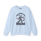 Skelesquatch Legends Never Die Halloween sweatshirt featuring a skeleton sasquatch in a graveyard.