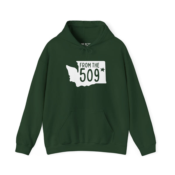From the 509 Spokane cozy hoodie featuring Washington state silhouette and bold text for local pride.