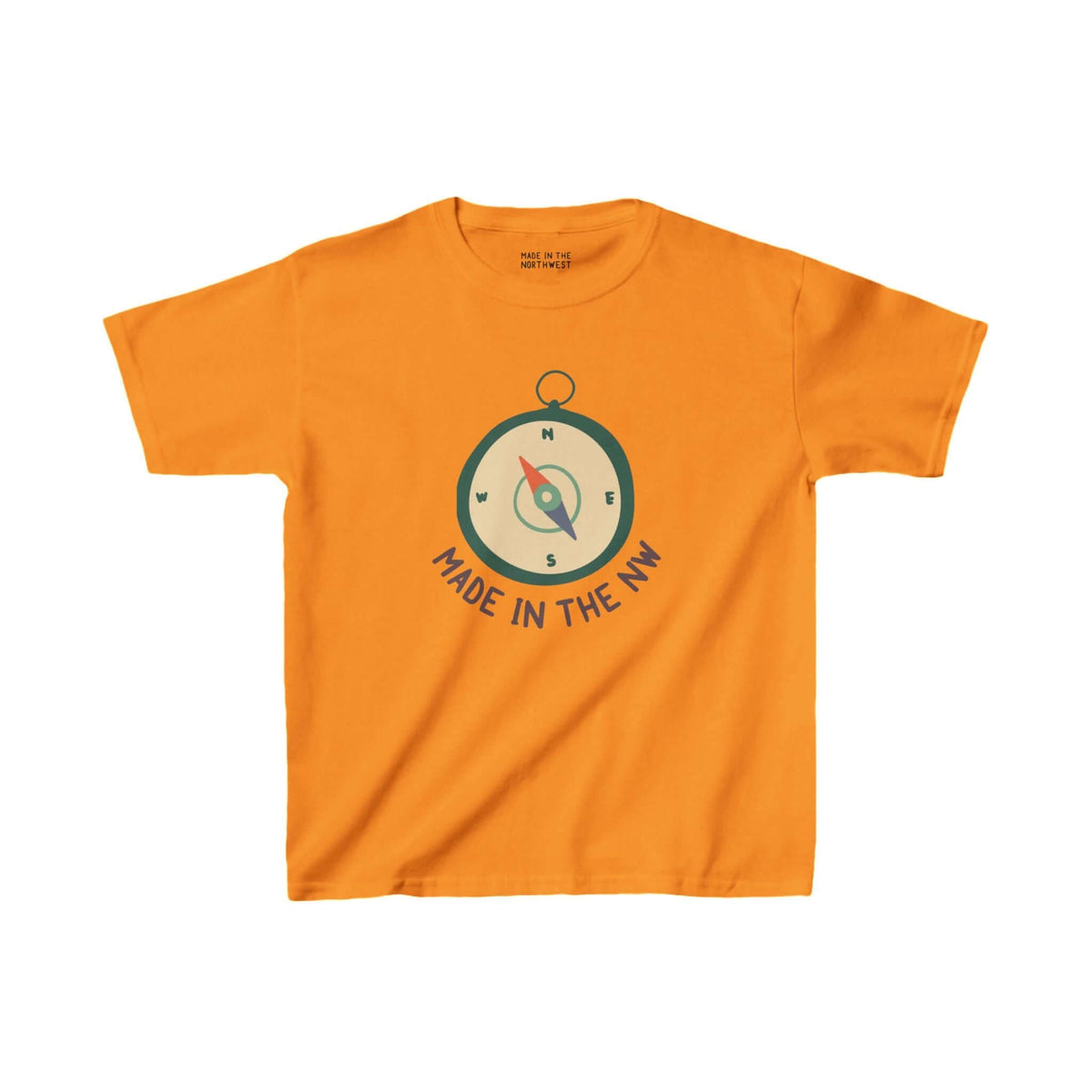 Orange kids' tee with 'Made in the NW' logo and compass design, showcasing Pacific Northwest pride for young adventurers.